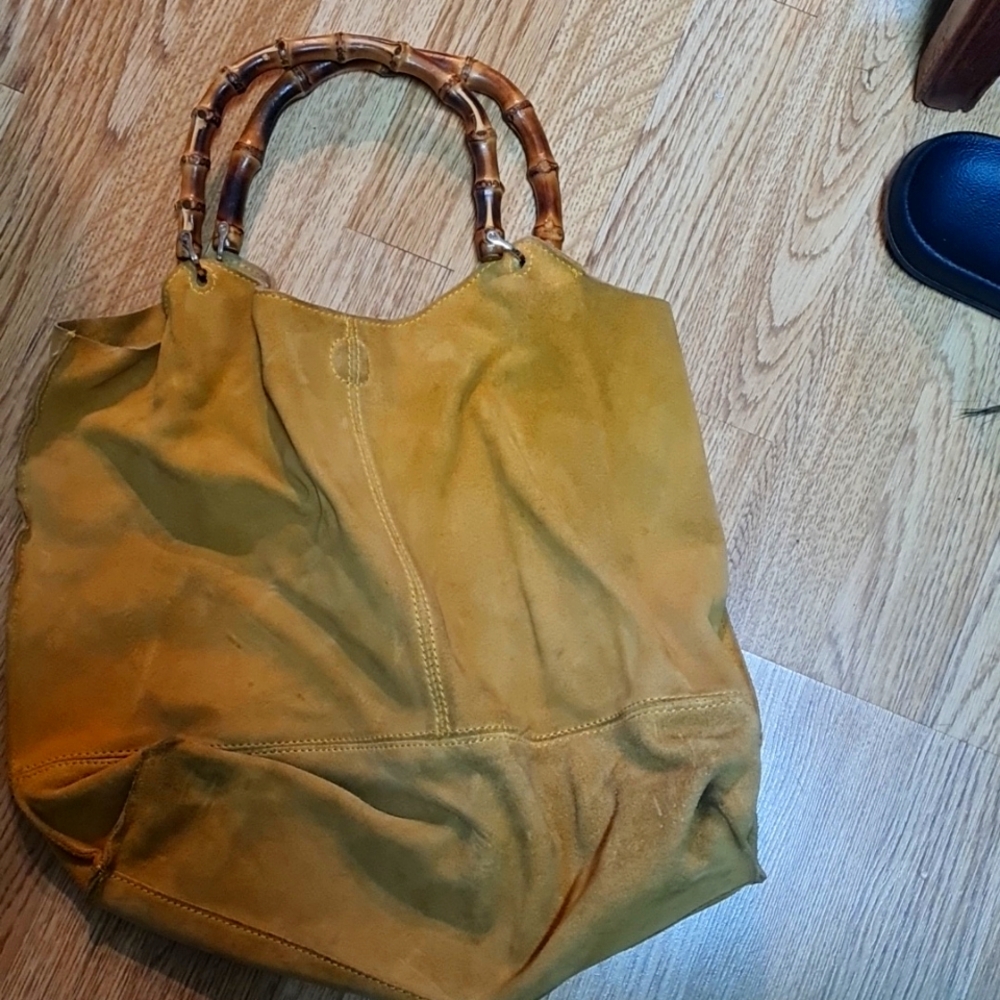 🤘🏼 H&M real suede yellow bag with bamboo handles